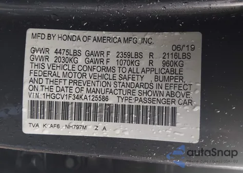2019 Honda Accord Sport from USA, damaged, VIN 1HGCV1F34KA125586